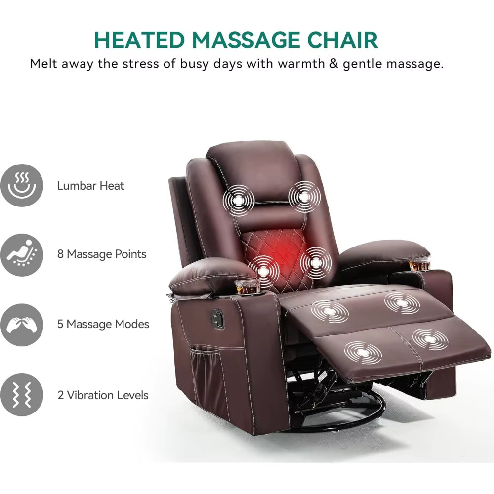 Massage and Heat Swivel Rocker Recliner Chair with 360° Rotation, Faux Leather Manual Recliner Featuring Cup Holders