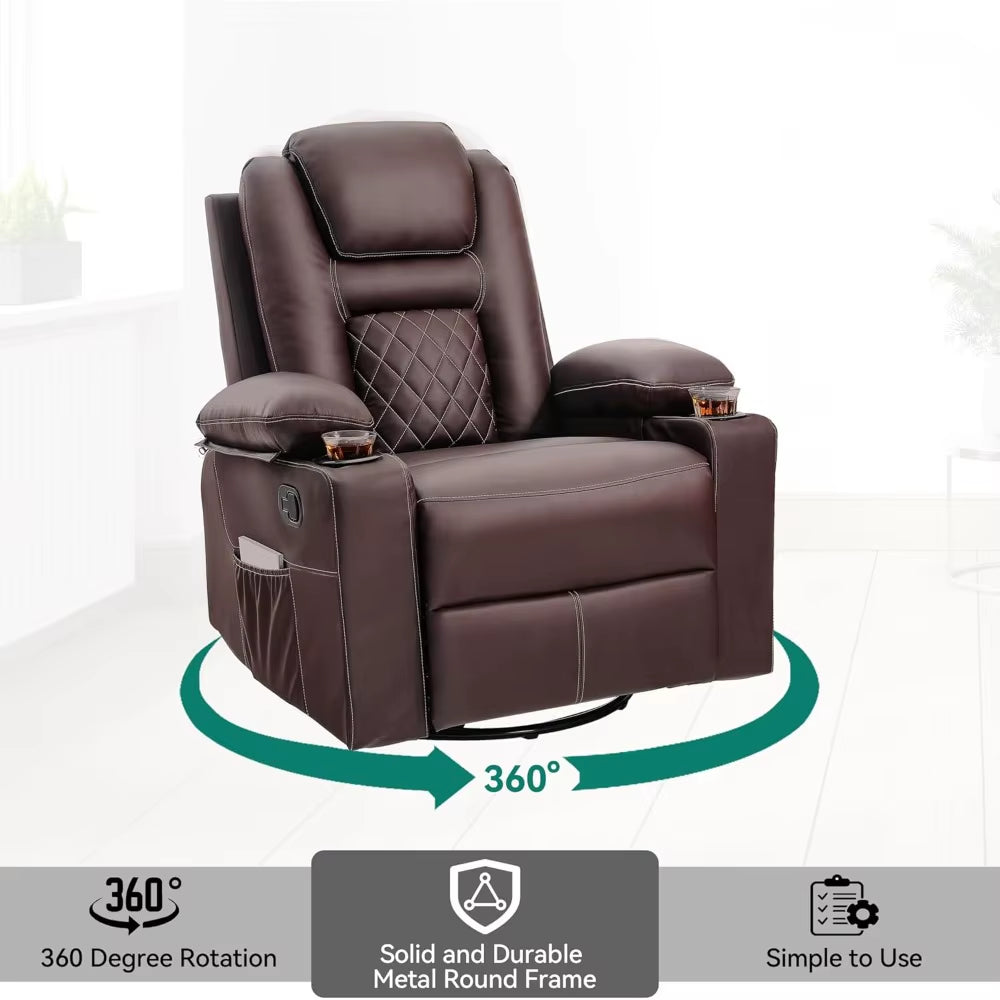 Massage and Heat Swivel Rocker Recliner Chair with 360° Rotation, Faux Leather Manual Recliner Featuring Cup Holders