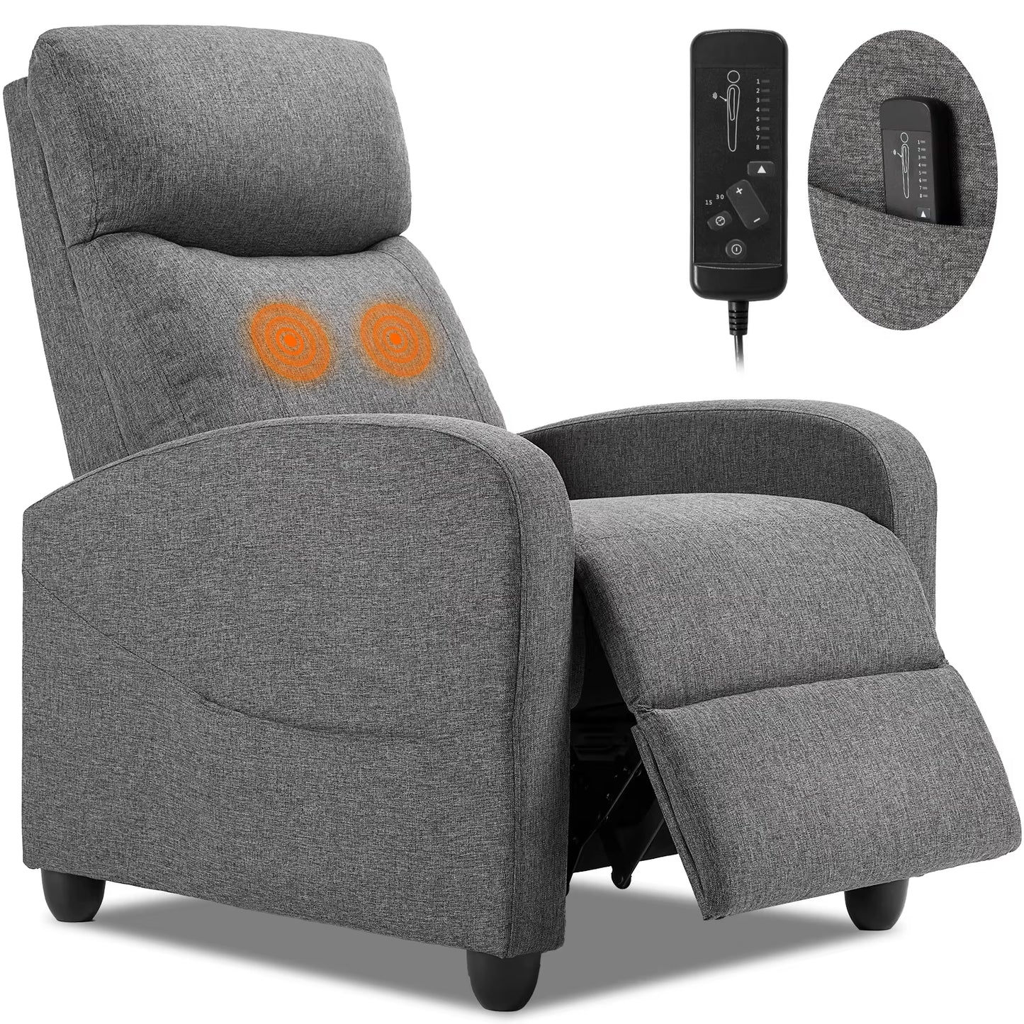 Recliner Chair Massage Sofa Fabric Theater Lumbar Support Adjustable Modern Padded Seat Backrest Living Room Home Grey