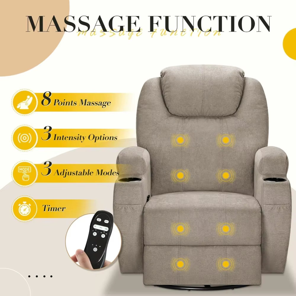 Recliner Chair, 360° Swivel Rocker Chair for Adults, Rocking Recliner Chair with Massage, Comfy Single Sofa with Side Pockets