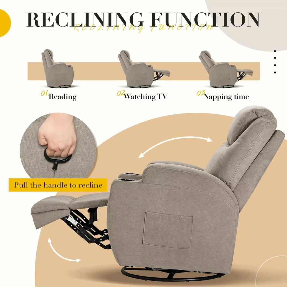 Recliner Chair, 360° Swivel Rocker Chair for Adults, Rocking Recliner Chair with Massage, Comfy Single Sofa with Side Pockets