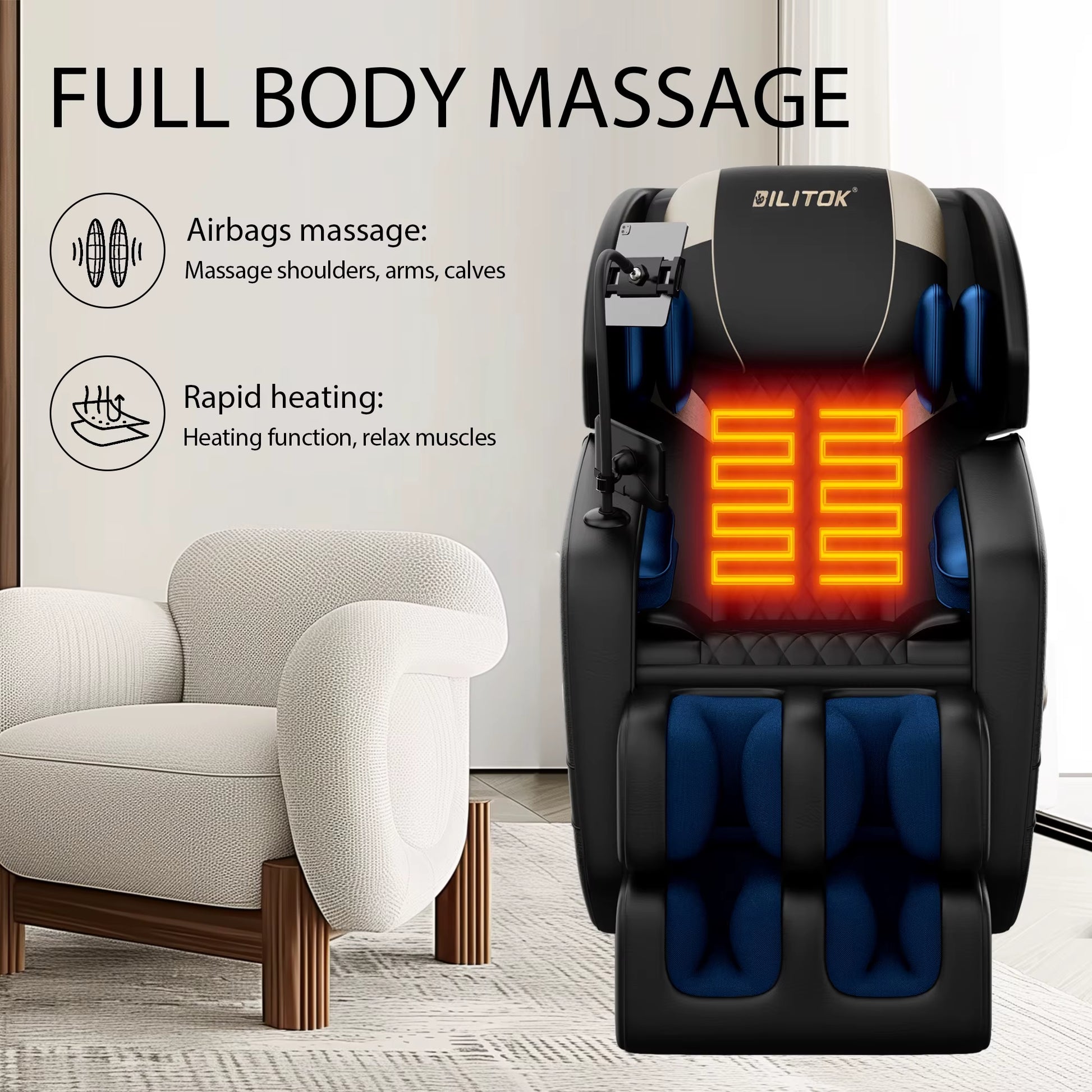 Zero Gravity Massage Chair: Reclining, Heating, Full-Body Air Compression, 6 Rollers& Touchscreen. Supports up to 180Lbs & 6Ft