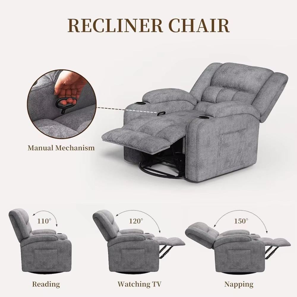 360° Swivel Rocker Recliner with Heat and Massage, Manual Comfy Recliner Chair for Adult, Chenille Glider Rocker Chais