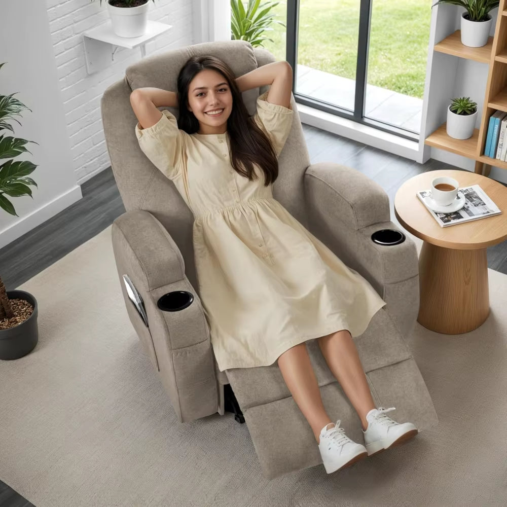 Recliner Chair, 360° Swivel Rocker Chair for Adults, Rocking Recliner Chair with Massage, Comfy Single Sofa with Side Pockets