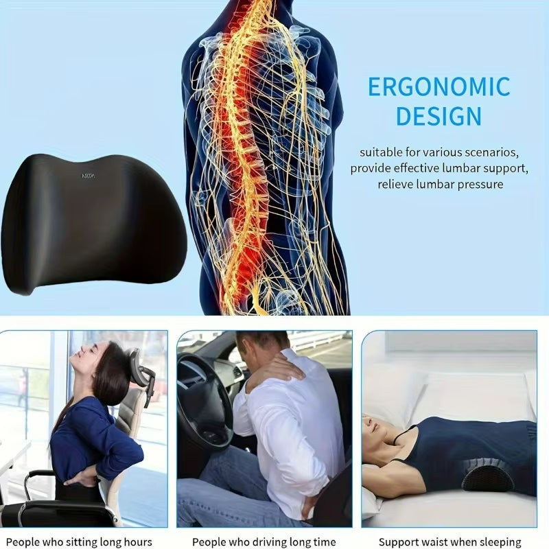 Ergonomic Memory Foam Lumbar Pillow for Office and Bed Sleepers - Comfortable Back Support Cushion with Washable Cover
