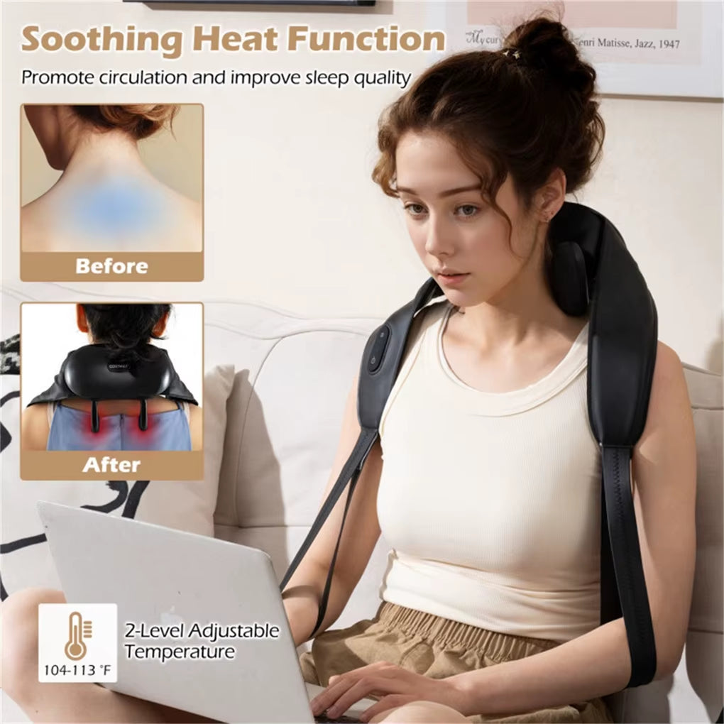 Neck Shoulder Massager - 4D Deep Tissue Kneading, 2 Modes & 2-Level Heat (104-113°F), Hands-Free Straps for Home/Office/Travel