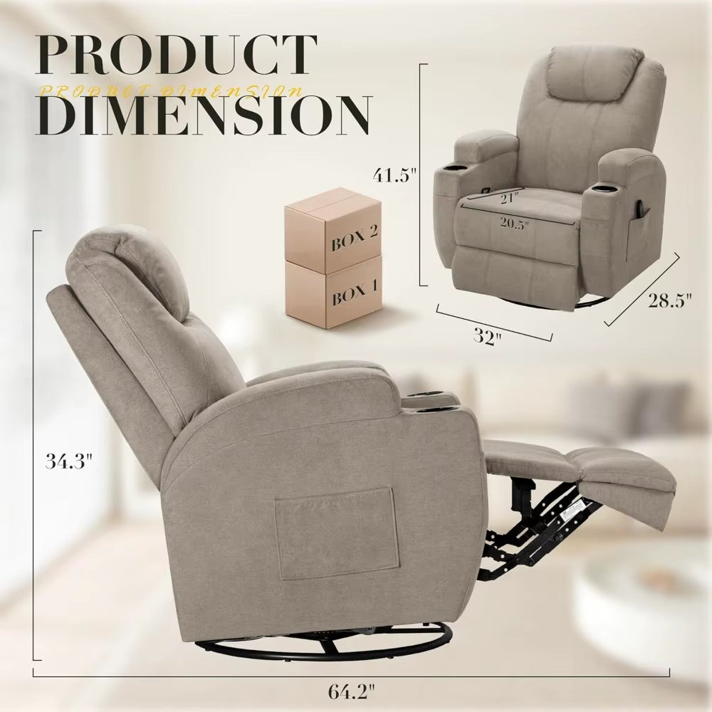 Recliner Chair, 360° Swivel Rocker Chair for Adults, Rocking Recliner Chair with Massage, Comfy Single Sofa with Side Pockets