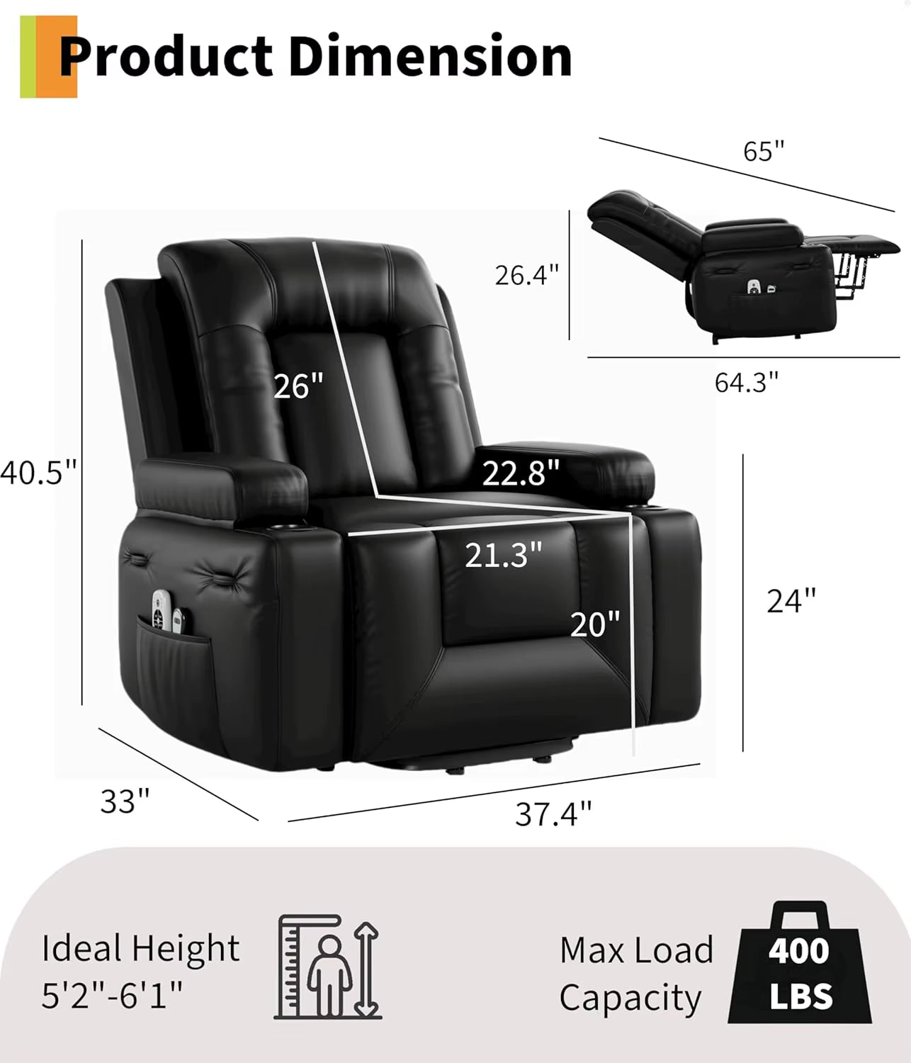 Power Lift Recliner Chair Heat and Massage, PU Leather, Adjustable Back and Legs, Electric Lift Chair Designed for the Elderly