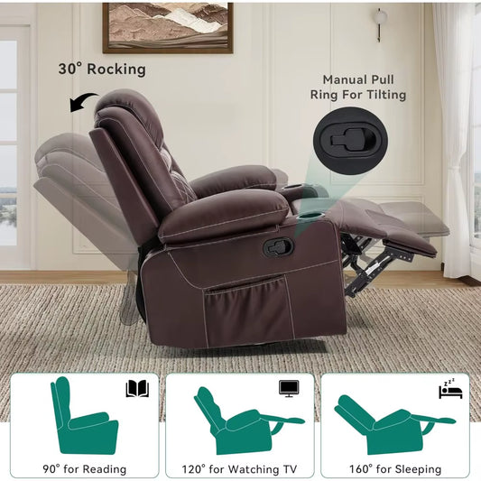 Massage and Heat Swivel Rocker Recliner Chair with 360° Rotation, Faux Leather Manual Recliner Featuring Cup Holders