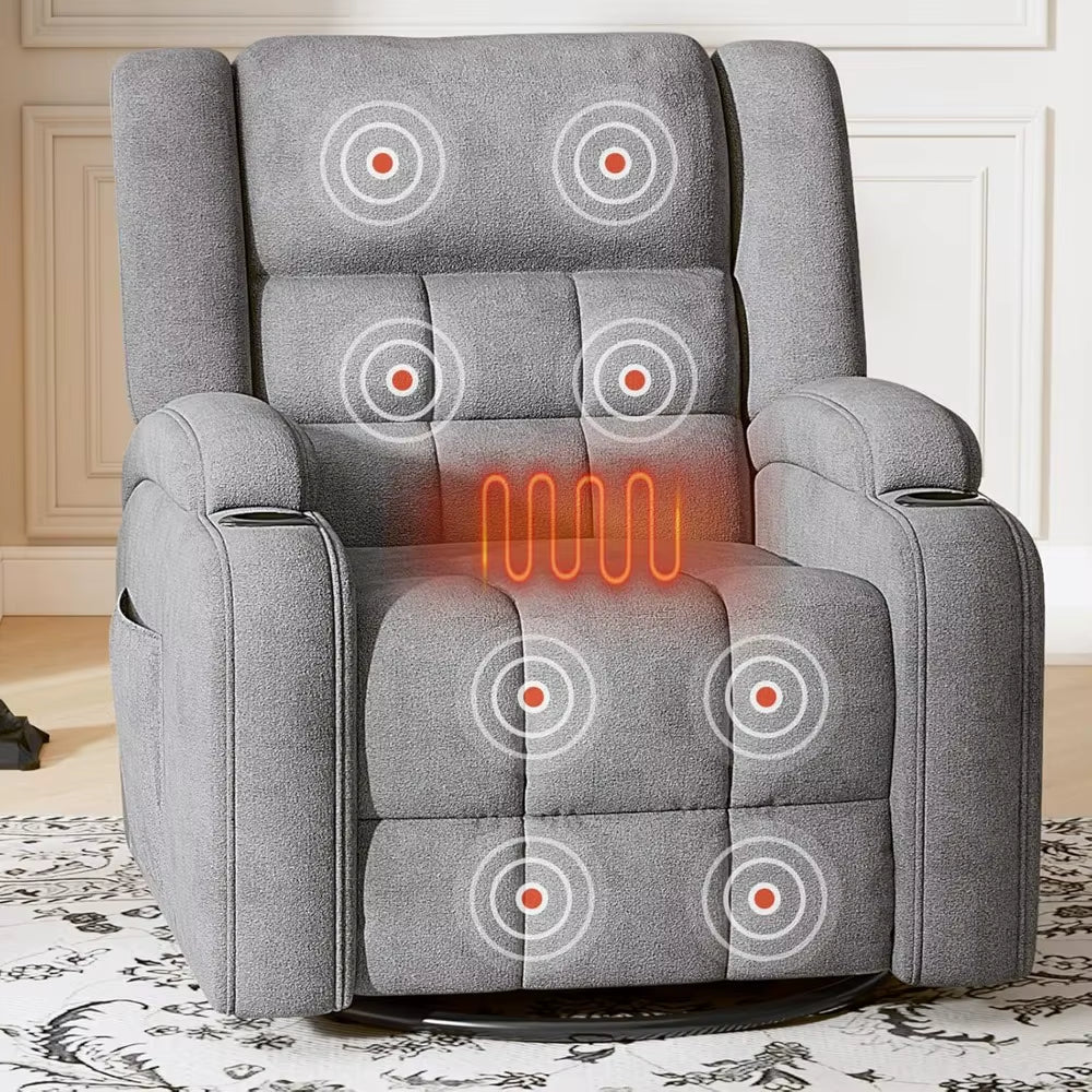 360° Swivel Rocker Recliner with Heat and Massage, Manual Comfy Recliner Chair for Adult, Chenille Glider Rocker Chais