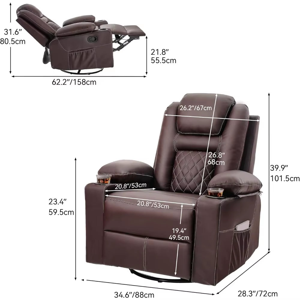Massage and Heat Swivel Rocker Recliner Chair with 360° Rotation, Faux Leather Manual Recliner Featuring Cup Holders