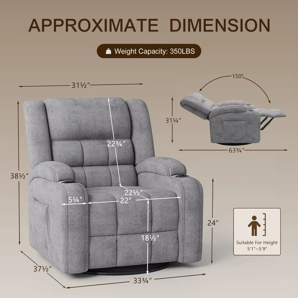 360° Swivel Rocker Recliner with Heat and Massage, Manual Comfy Recliner Chair for Adult, Chenille Glider Rocker Chais