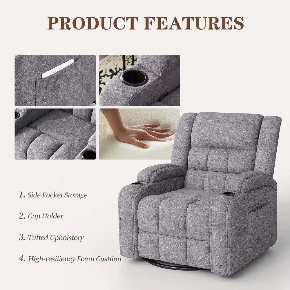 360° Swivel Rocker Recliner with Heat and Massage, Manual Comfy Recliner Chair for Adult, Chenille Glider Rocker Chais
