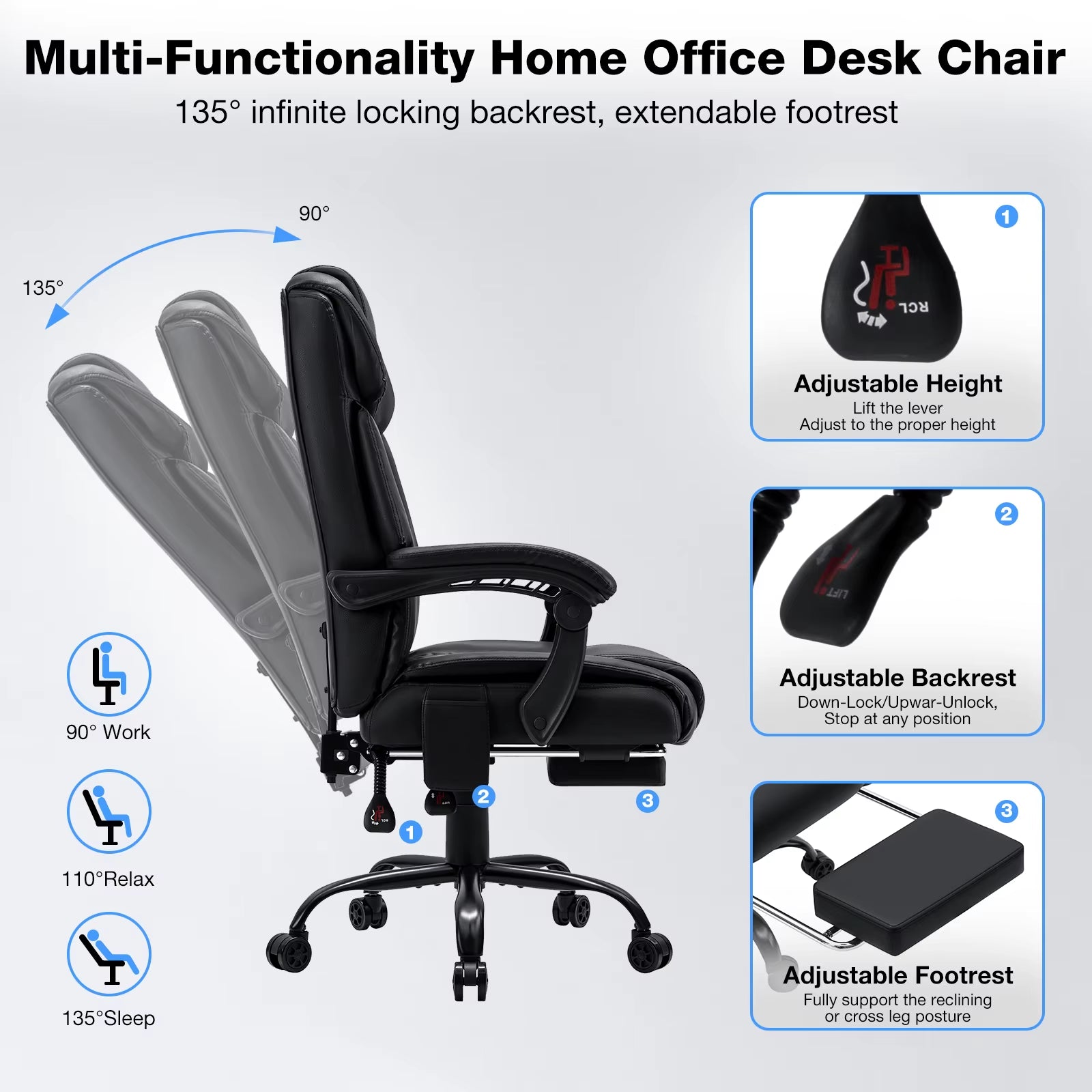 Black Massage Office Chair Foot Rest Heat 7 Points Vibration Ergonomic Executive Office Chair W/ Footrest Reclining Home Office