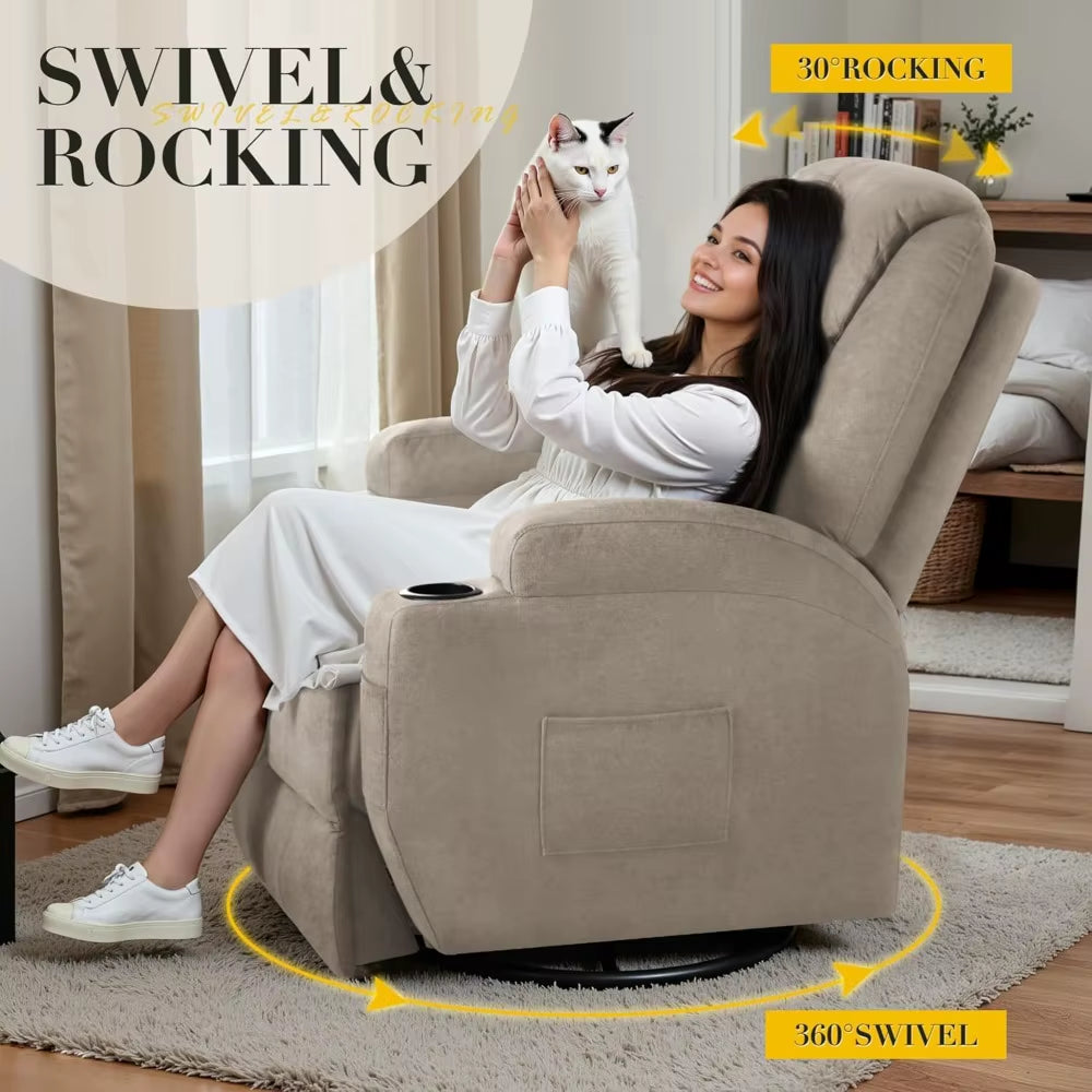 Recliner Chair, 360° Swivel Rocker Chair for Adults, Rocking Recliner Chair with Massage, Comfy Single Sofa with Side Pockets