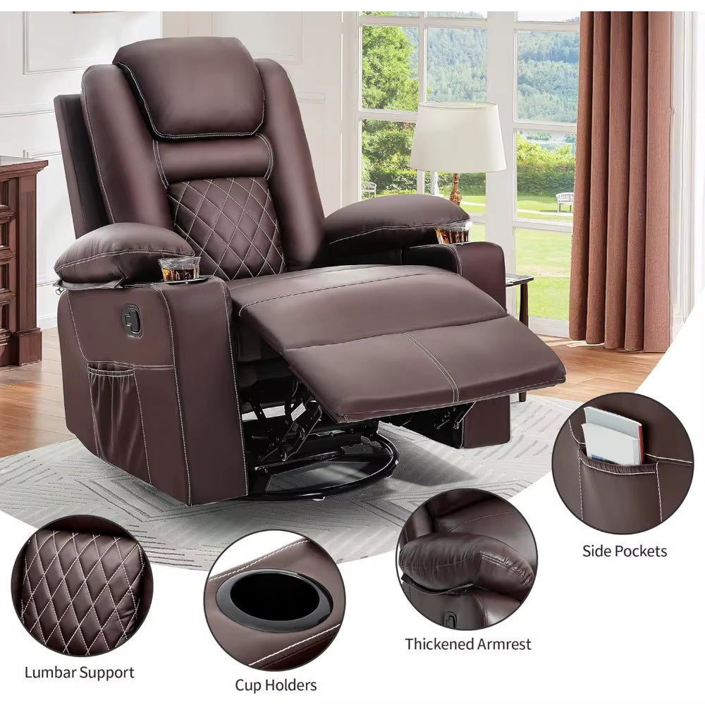 Massage and Heat Swivel Rocker Recliner Chair with 360° Rotation, Faux Leather Manual Recliner Featuring Cup Holders