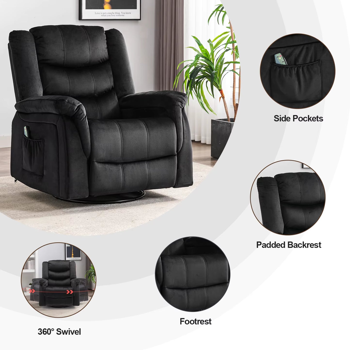 Recliner Chair Massage Rocker with Heat and Massage Reclining Chair 360 度 Swivel Rocking Chair