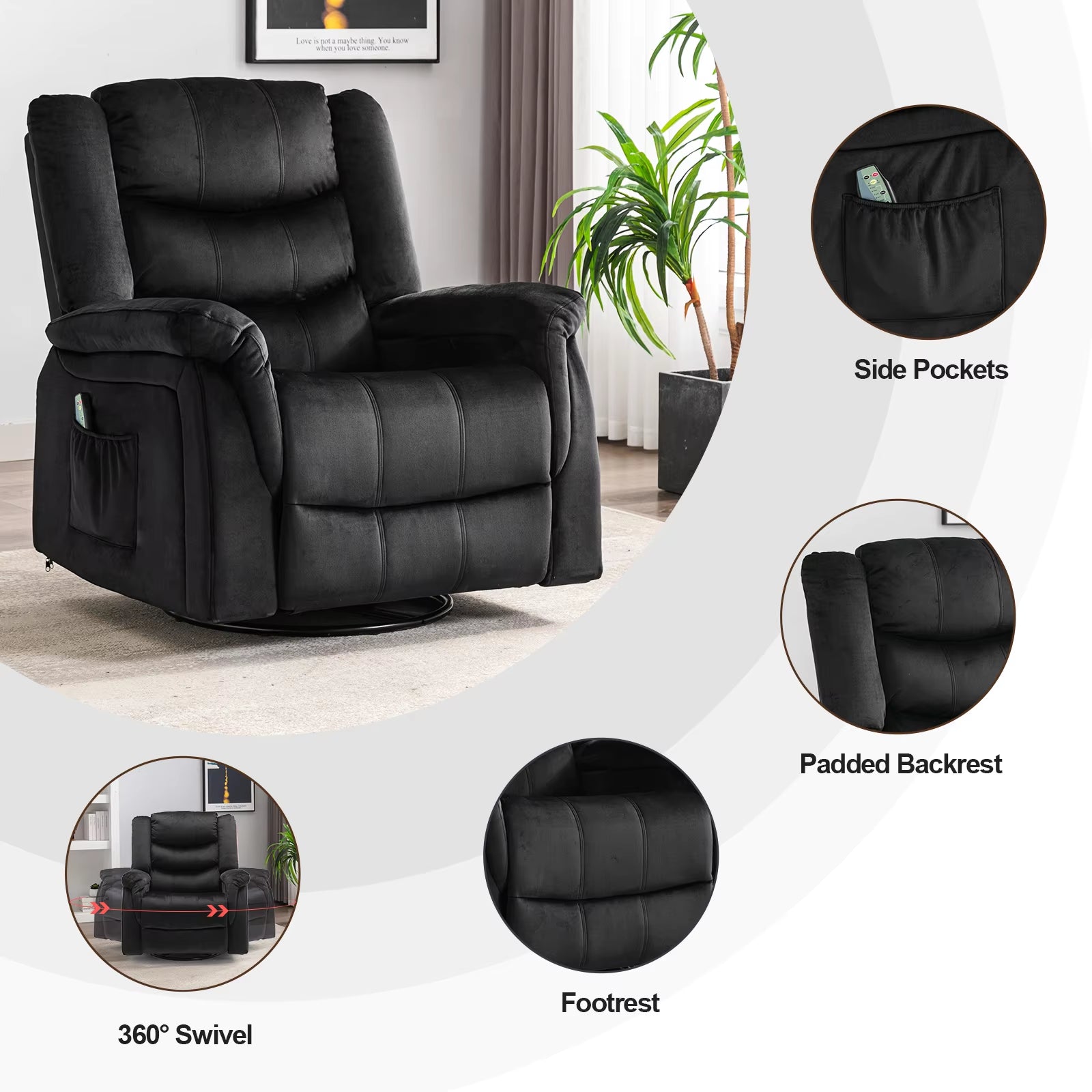 Recliner Chair Massage Rocker with Heat and Massage Reclining Chair 360 度 Swivel Rocking Chair