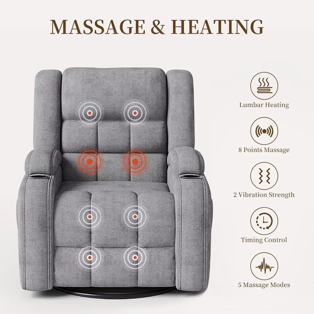 360° Swivel Rocker Recliner with Heat and Massage, Manual Comfy Recliner Chair for Adult, Chenille Glider Rocker Chais